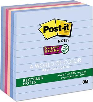 Post-it Recycled Notes in Bali Colors Lined 4 x 4 90-Sheet 6/Pack 6756SSNRP