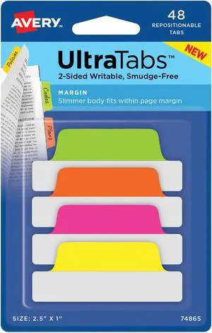 Avery Tabs Repositionable 2-Sided 2-1/2"x1" 48/PK AST Neon 74865