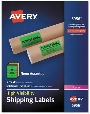 Avery Neon Shipping Label Laser 2 x 4 Neon Assorted 500/Box 5956