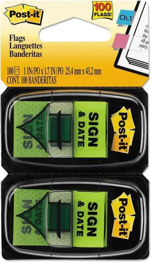 Post-it Arrow Message 1" Page Flags "Sign and Date" Green 2 50-Flag Dispensers