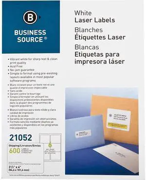 Business Source Mailing Label Laser 3-1/3"x4" 600/PK White 21052