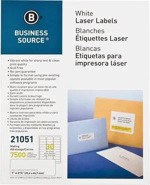 Business Source Mailing Label Laser 1"x2-5/8" 7500/PK White 21051