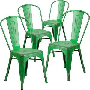 4 Pk. Distressed Green Metal Indoor Stackable Chair