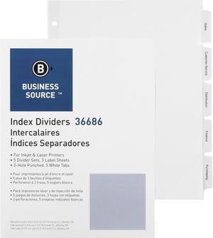 Business Source Index Dividers 3HP 5-Tab 5 ST/PK 11"x8-1/2" White 36686