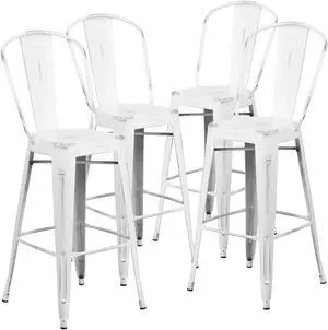 Flash Furniture Commercial Grade 30" High Distressed White Metal Indoor-Outdoor Barstool with Back 4 Pack (4ET353430WH)