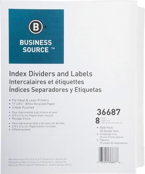 Business Source Index Dividers 3HP 8-Tab 25 ST/PK 11"x8-1/2" White 36687
