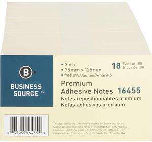 Business Source Adhesive Note Pads Plain 3"x5" 100 Sht/PD 18/PK Yellow 16455