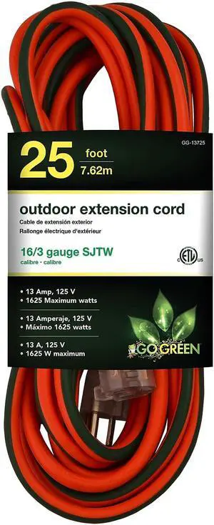 Go Green Power 25' Indoor/Outdoor Extension Cord 16 AWG Orange (GG-13725) Go Green Power 25' Indoor/Outdoor Extension Cord 16 AWG Orange (GG-13725)