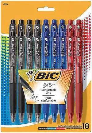 BIC BU3 Grip Retractable Ball Pen, Medium Point (1.0 mm), Assorted Colors, 18-Count