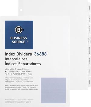 Business Source Index Dividers 3HP 8-Tab 5 ST/PK 11"x8-1/2" White 36688