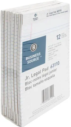 Business Source Legal Pads Jr. Legal Ruled 50 Sht 5"x8" 12Pack WE 63110