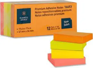Business Source Adhesive Notes Plain 1-1/2"x2" 100 Sh/PD 12PD/PK Neon 16493