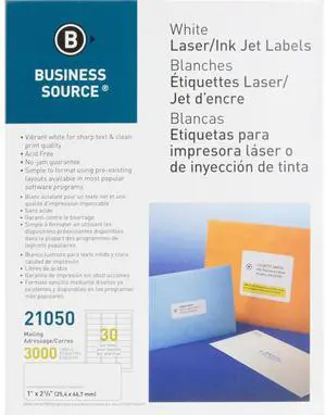 Business Source Mailing Label Laser 1"x2-5/8" 3000/PK White 21050