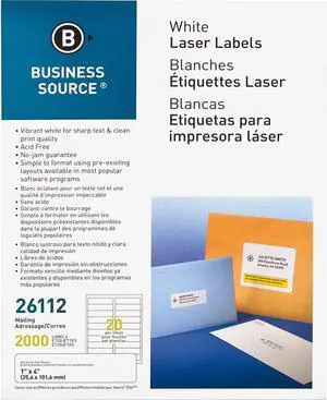 Business Source Mailing Labels Laser 1"x4" 2000/PK White 26112