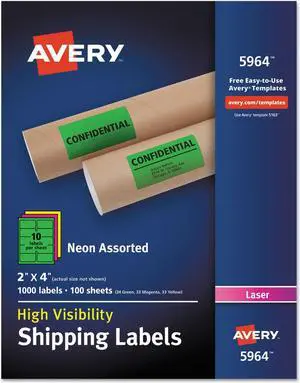 Avery Neon Shipping Label Laser 2 x 4 Neon Assorted 1000/Box 5964
