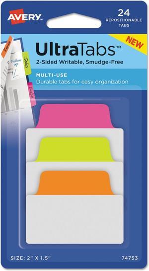Avery Ultra Tabs Repositionable Tabs 2 x 1 1/2 Neon: Green Orange Pink 24/Pack