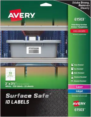 Avery Surface Safe ID Labels, 2" x 3-1/2", Water Resistant, Matte White, Removable Adhesive, 250 Labels (61503)