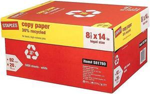 Staples 30% Recycled 8.5" x 14" Copy Paper 20 lb 92 Bright 500/RM 10 RM/CT Staples 30% Recycled 8.5" x 14" Copy Paper 20 lb 92 Bright 500/RM 10 RM/CT