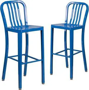 Flash Furniture Commercial Grade 30" High Blue Metal Indoor-Outdoor Barstool with Vertical Slat Back 2 Pack (2CH6120030BL)