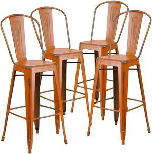 Flash Furniture Commercial Grade 30" High Distressed Orange Metal Indoor-Outdoor Barstool with Back 4 Pack (4ET353430OR)