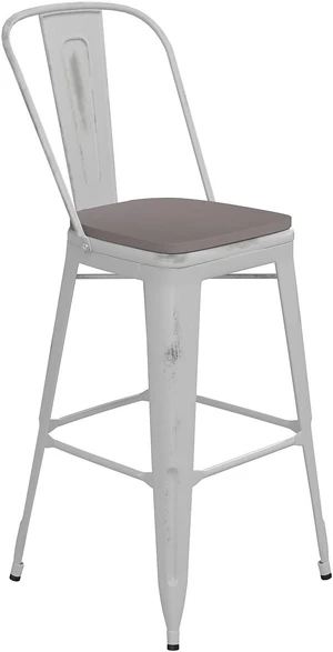 Carly Commercial Grade 30" High White Metal Indoor-Outdoor Barstool with Back with Gray Poly Resin Wood Seat Carly Commercial Grade 30" High White Metal Indoor-Outdoor Barstool with Back with Gray Poly Resin Wood Seat