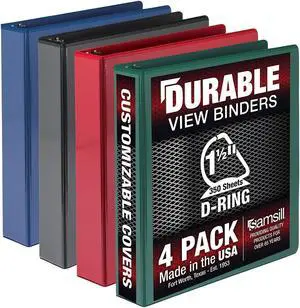 Samsill Durable View Ring Binders 3 D-Ring Assorted Color 4 Pack (MP46458)
