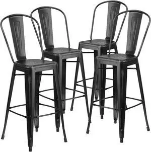 Flash Furniture Commercial Grade 30" High Distressed Black Metal Indoor-Outdoor Barstool with Back 4 Pack (4ET353430BK)