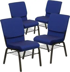 Flash Furniture HERCULES Series Fabric Church Stacking Chair with Book Rack Navy Blue/Gold Vein Frame 4 Pack (4XCH60096NVDB)
