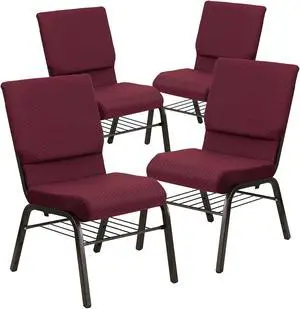 Flash Furniture HERCULES Series Fabric Church Stacking Chair w/ Book Rack Burgundy/Gold Vein Frame 4 Pack (4XUCH60096BY56B)