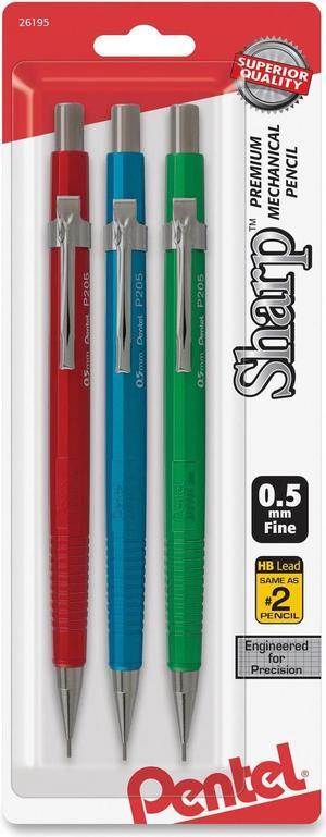 Pentel Sharp Mechanical Drafting Pencil 0.5 mm Assorted Metallic Barrels 3/Pack P205MBP3M1