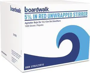 Boardwalk Unwrapped Single-Tube Stir-Straws 5 1/4" Red 1000/Pack 10/Carton STRU525R10