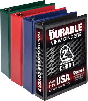 Durable D-Ring View Binders 3 Rings 2" Capacity 11 x 8.5 Black/Blue/Green/Red 4/Pack MP46468