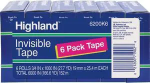 3M Invisible Tape 1" Core 3/4"x1000" 6/PK Clear 6200341000