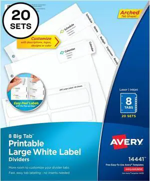Avery Big Tab Large White Label Tab Dividers 8-Tab Letter 14441