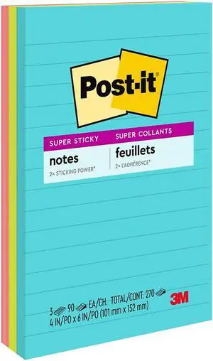 Post-it Super Sticky Pads in Miami Colors 4 x 6 Miami 90/Pad 3 Pads/Pack 6603SSMIA
