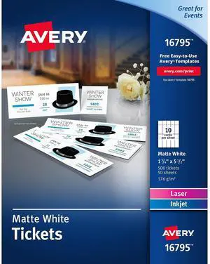 Avery Blank Printable Tickets, Tear-Away Stubs, Perforated Raffle Tickets, 1-3/4" x 5-1/2", 500 Tickets (16795)