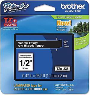 Brother P-touch TZe-335 Laminated Label Maker Tape 1/2" x 26-2/10' White on Black 6/Carton (TZE-335VS)