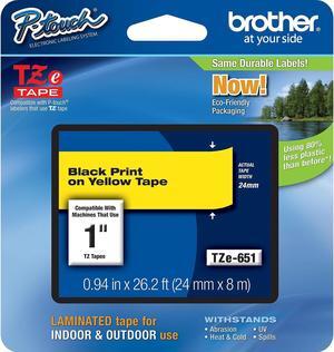 Brother P-touch TZe-651 Laminated Label Maker Tape 1" x 26-2/10' Black On Yellow 6/Carton (TZE-651VS)