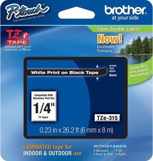 Brother P-touch TZe-315 Laminated Label Maker Tape 1/4" x 26-2/10' White on Black 6/Carton (TZE-315VS)