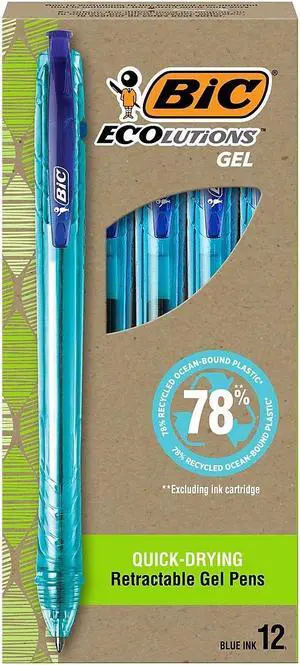 BIC ECOlutions Retractable Gel Pen Medium Point 1.0 mm Blue Ink 12/Pack (RGLE11-BLU)