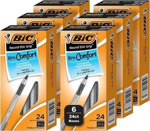 BIC Round Stic Grip Xtra Comfort Ballpoint Pen Medium Point Black Ink 24/Box 6 Boxes/Pack (GSMG144E-BLK)