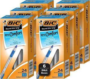 BIC Round Stic Grip Xtra Comfort Ballpoint Pen Medium Point Blue Ink 24/Box 6 Boxes/Pack (GSMG144E-BLU)