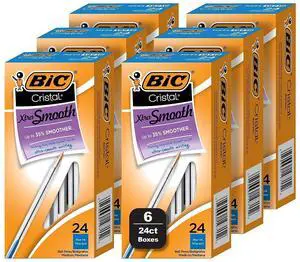 BIC Cristal Xtra Smooth Ballpoint Pen Medium Point Blue Ink 24/Box 6 Boxes/Pack (MS144E-BLU)
