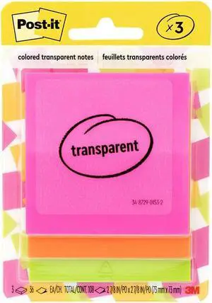Post-it Transparent Notes Notes 2.8" x 2.8" Assorted Collection 30 Sheet/Pad 3 Pads/Pack (600-3COL) - OEM