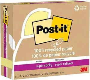 Post-it Recycled Super Sticky Notes 3" x 5" Canary Collection 70 Sheet/Pad 12 Pads/Pack (655R-12SSCY)