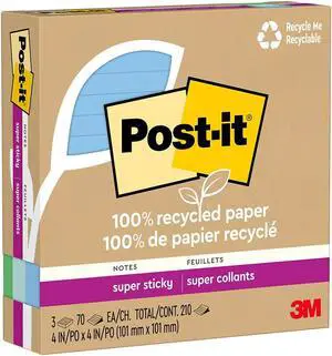 Post-it Recycled Super Sticky Notes 4" x 4" Oasis Collection Lined 70 Sheet/Pad 3 Pads/Pack (675R-3SST)
