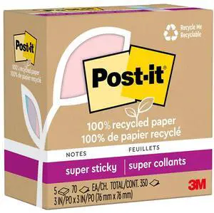 Post-it Recycled Super Sticky Notes 3" x 3" Wanderlust Pastels Collection 70 Sheet/Pad 5 Pads/Pack (654R-5SSNRP)