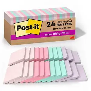 Post-it Recycled Super Sticky Notes 3" x 3" Wanderlust Pastels Collection 70 Sheet/Pad 24 Pads/Pack (654R-24SSNRPCP)