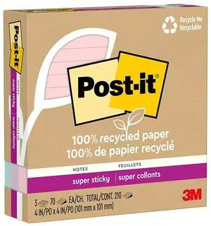 Post-it Recycled Super Sticky Notes 4" x 4" Wanderlust Pastels Collection Lined 70 Sheet/Pad 3 Pads/Pack (675R-3SSNRP)
