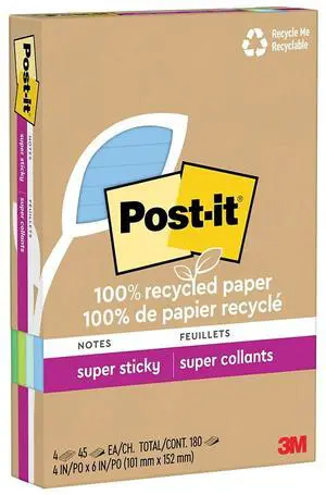 Post-it Recycled Super Sticky Notes 4" x 6" Oasis Collection 45 Sheet/Pad 4 Pads/Pack (4621R-4SST)
